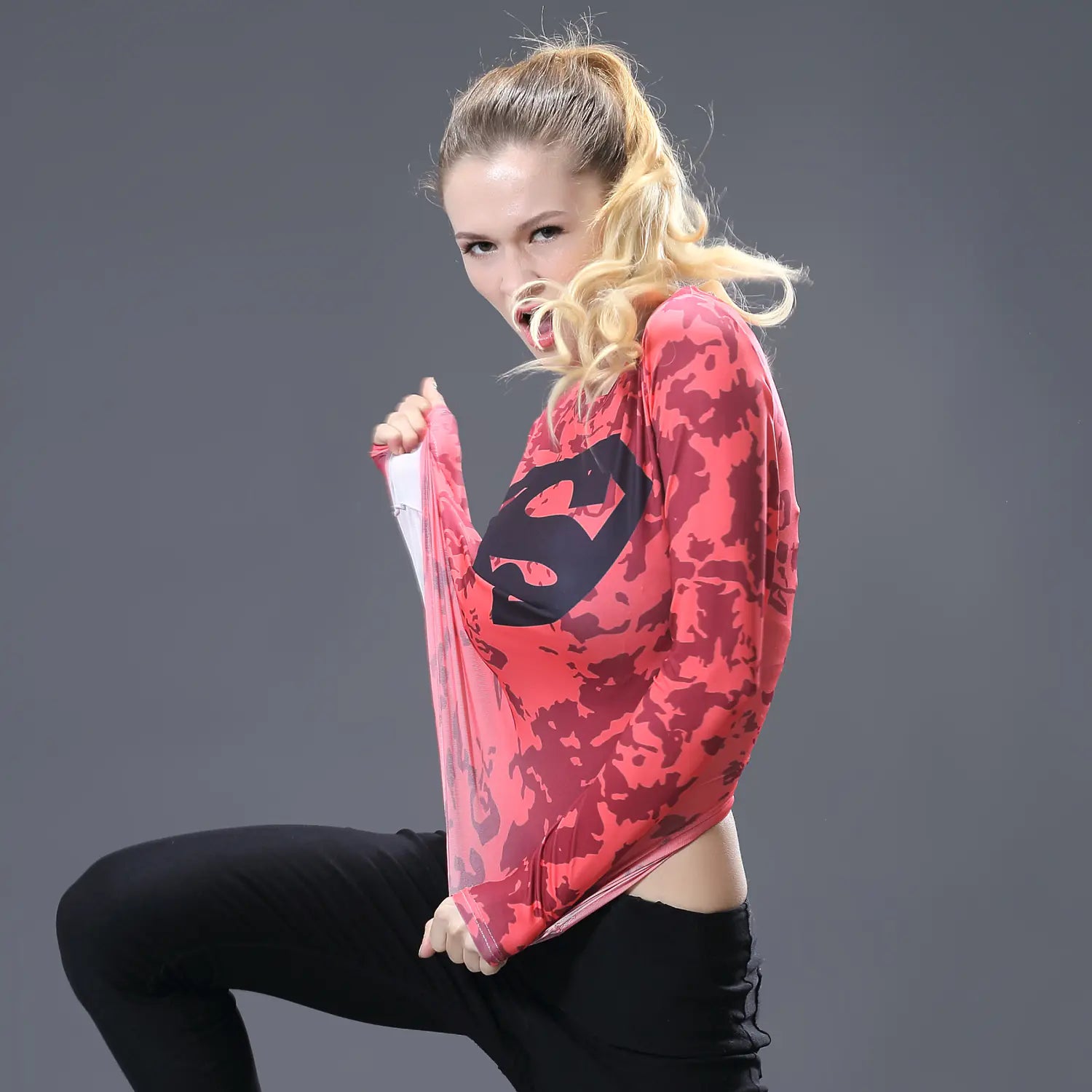 Red Floral Superman Print Women's Long Sleeve T-Shirt
