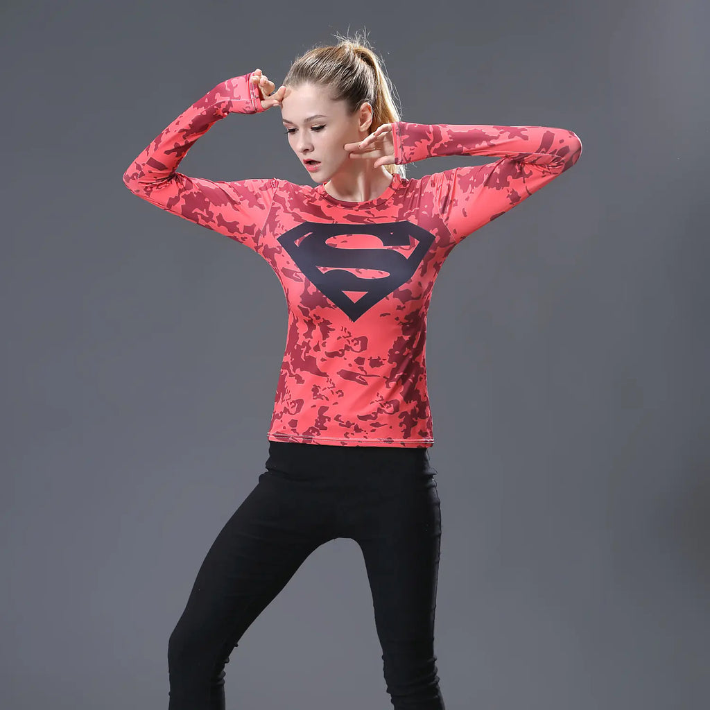 Red Floral Superman Print Women's Long Sleeve T-Shirt