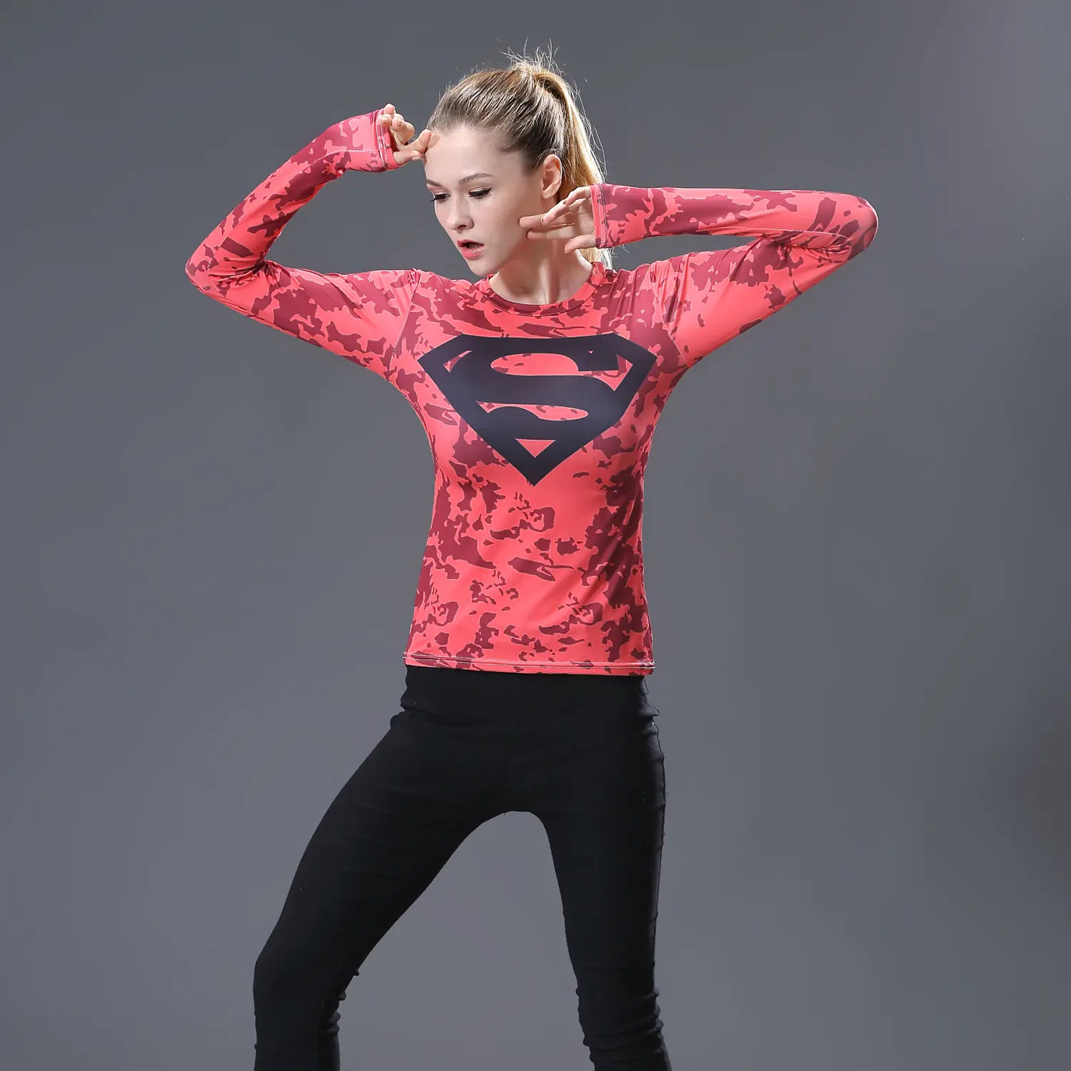 Red Floral Superman Print Women's Long Sleeve T-Shirt