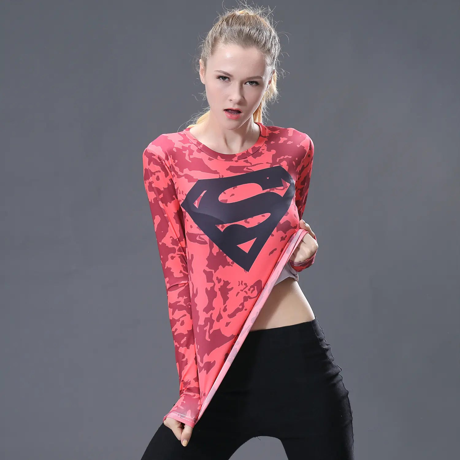 Red Floral Superman Print Women's Long Sleeve T-Shirt